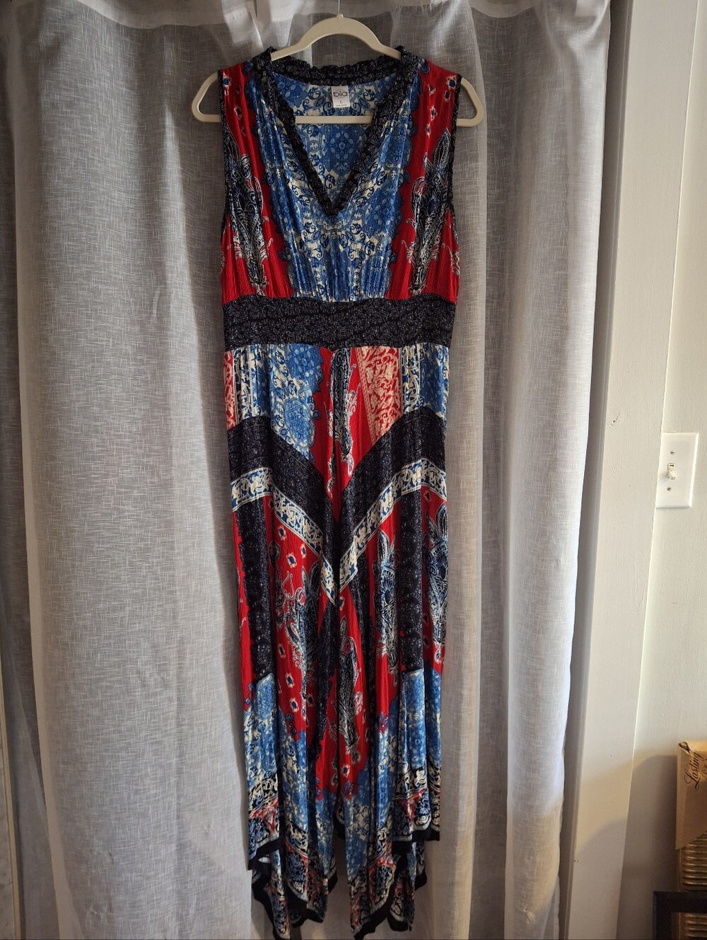 Bila Maxi Dress Womens Large Red Blue Paisley Patchwork Handkerchief Hem